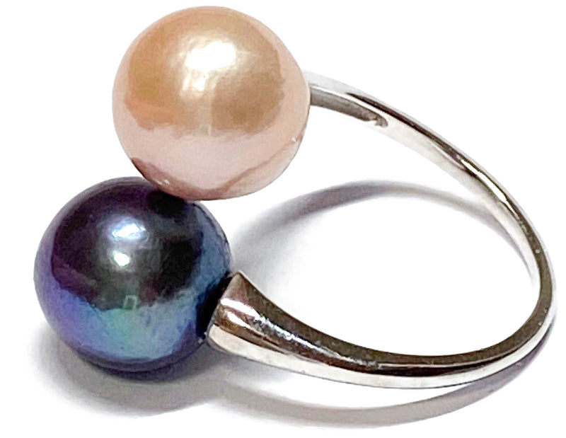 Double 2 x 10mm Edison Baby Pink Black Blue Round Pearl Ring Size 6.5