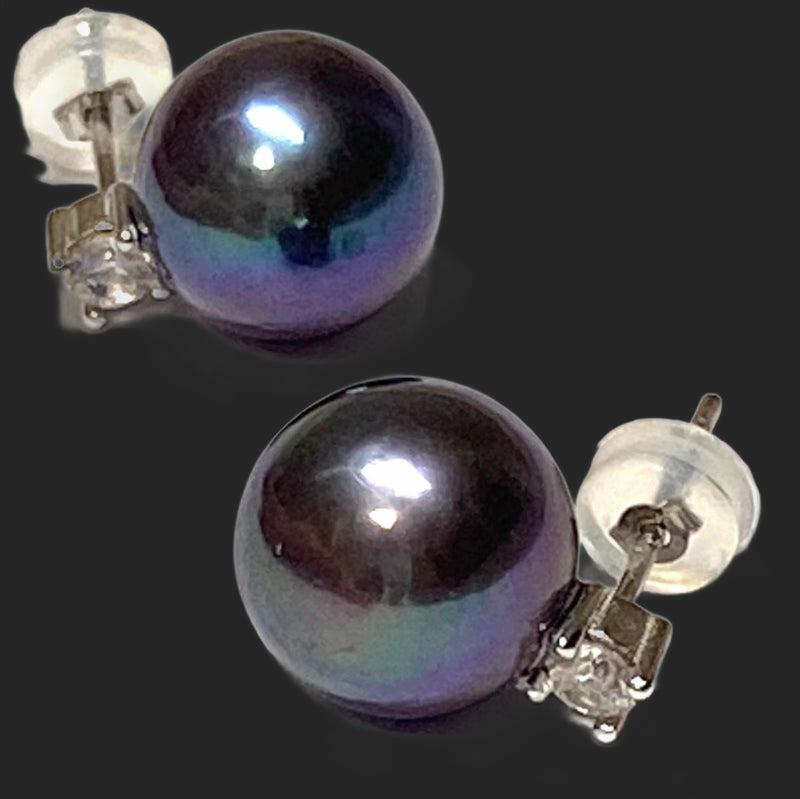 Best Gift 10 - 10.5mm Edison Purple Black Blue Round Pearl Stud Earrings