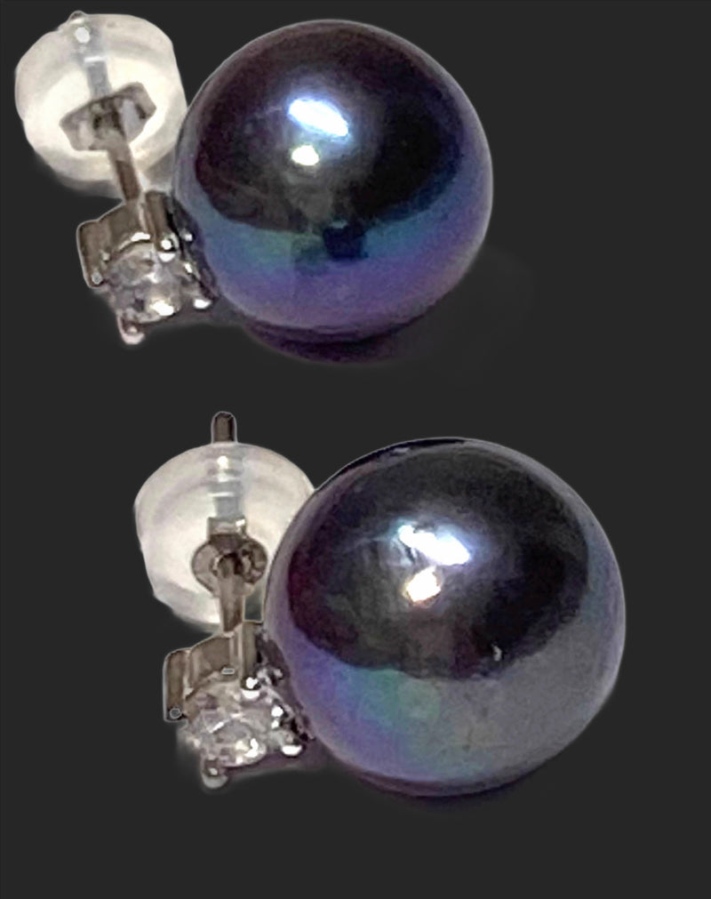 Best Gift 10 - 10.5mm Edison Purple Black Blue Round Pearl Stud Earrings