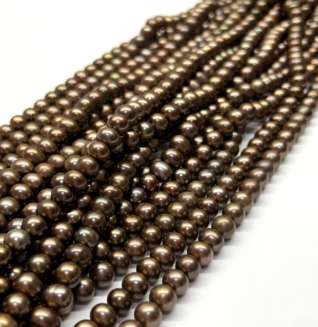 7.5 - 8.3mm Round Smoke Brown Bronze Cultured FW Pearl 16" Strand