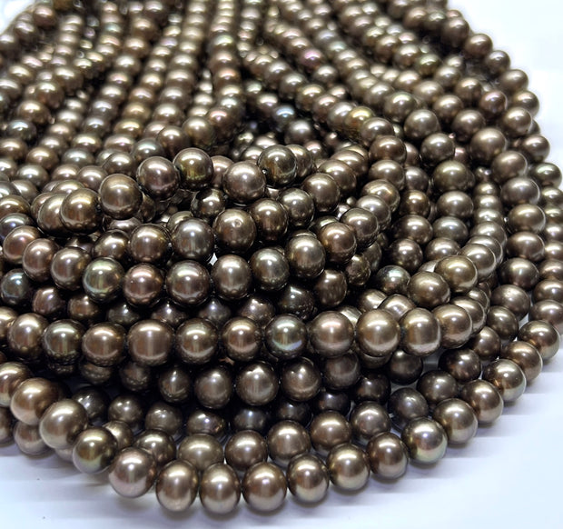 7.5 - 8.3mm Round Smoke Brown Bronze Cultured FW Pearl 16" Strand