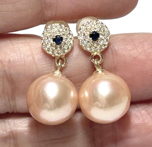 5A Quality 10-10.5mm Edison Peach Gold Pink Round Pearl Earrings