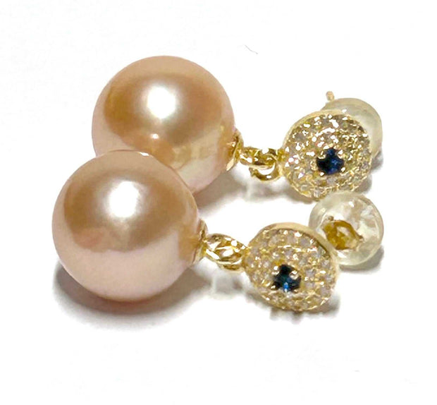 5A Quality 10-10.5mm Edison Peach Gold Pink Round Pearl Earrings