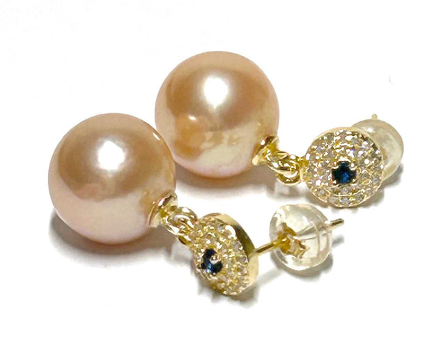 5A Quality 10-10.5mm Edison Peach Gold Pink Round Pearl Earrings