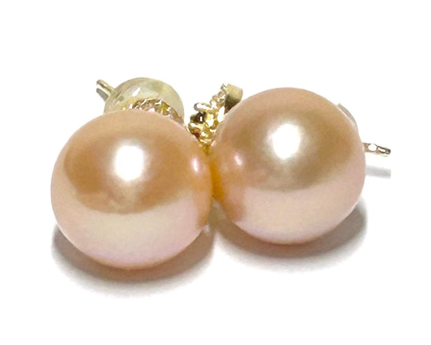 5A Quality 10-10.5mm Edison Peach Gold Pink Round Pearl Earrings