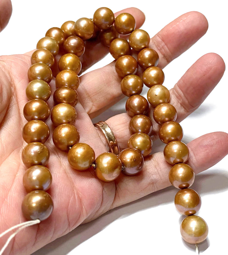 Round 9.5 - 11mm Pale Brown Gold Tone Round Pearl 16" Strand - Necklace