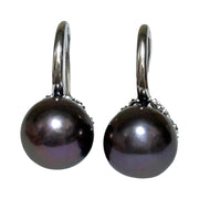 Genuine 10.7mm Edison Peacock Black Pink Round Pearl Dangle Earrings