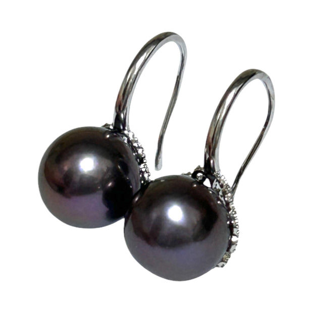 Genuine 10.7mm Edison Peacock Black Pink Round Pearl Dangle Earrings