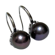 Genuine 10.7mm Edison Peacock Black Pink Round Pearl Dangle Earrings