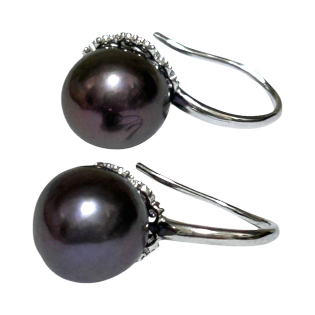 Genuine 10.7mm Edison Peacock Black Pink Round Pearl Dangle Earrings