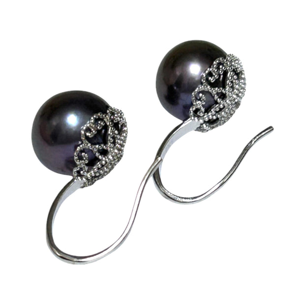 Genuine 10.7mm Edison Peacock Black Pink Round Pearl Dangle Earrings