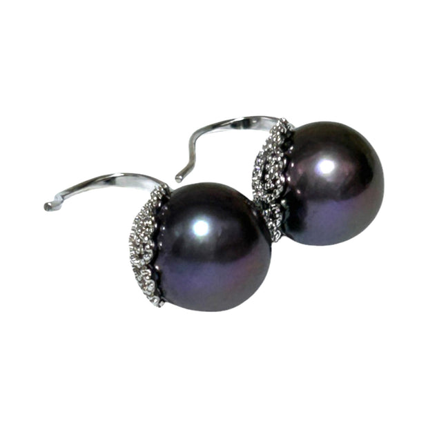 Genuine 10.7mm Edison Peacock Black Pink Round Pearl Dangle Earrings