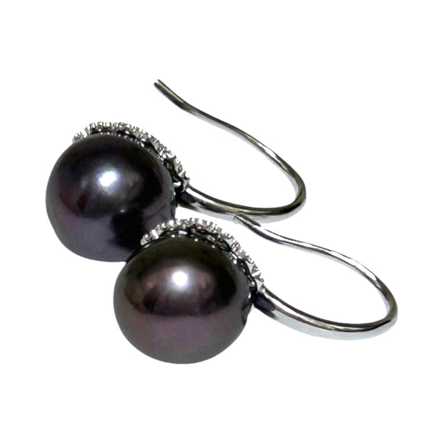 Genuine 10.7mm Edison Peacock Black Pink Round Pearl Dangle Earrings