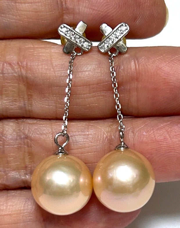 Huge 12-12.5mm Peach Gold Pink Edison Cultured Pearl Dangle Earrings – Elegant and Statement Jewelry