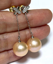 Huge 12-12.5mm Peach Gold Pink Edison Cultured Pearl Dangle Earrings – Elegant and Statement Jewelry