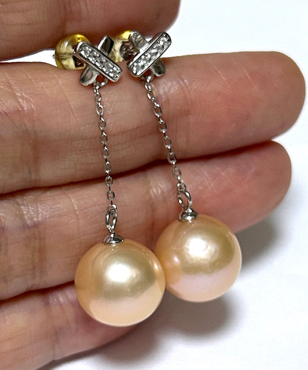 Huge 12-12.5mm Peach Gold Pink Edison Cultured Pearl Dangle Earrings – Elegant and Statement Jewelry