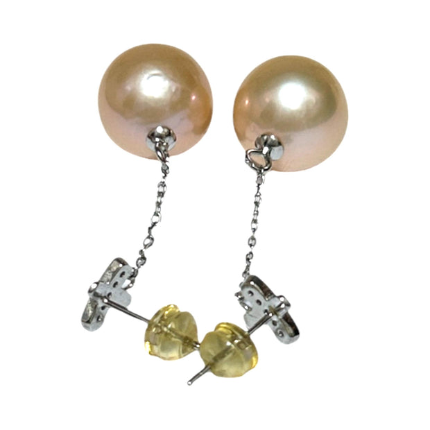 Huge 12-12.5mm Peach Gold Pink Edison Cultured Pearl Dangle Earrings – Elegant and Statement Jewelry