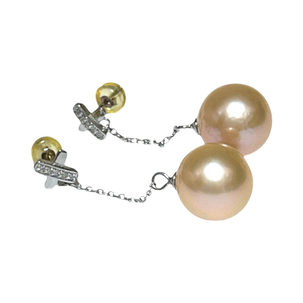 Huge 12-12.5mm Peach Gold Pink Edison Cultured Pearl Dangle Earrings – Elegant and Statement Jewelry