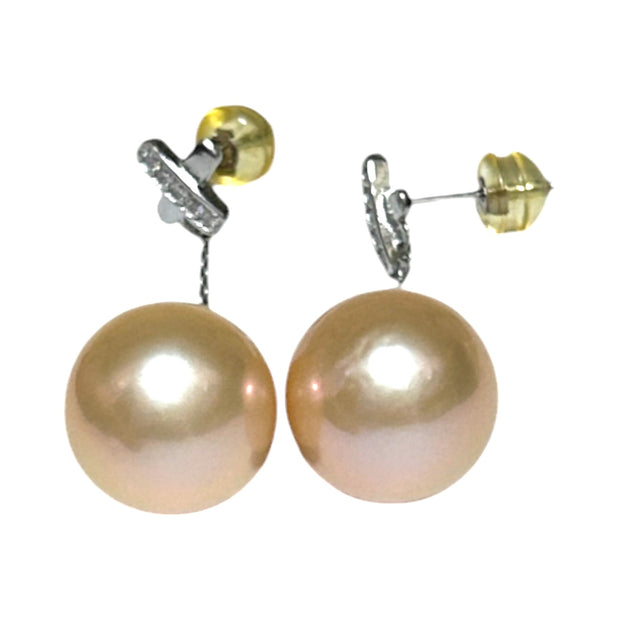 Huge 12-12.5mm Peach Gold Pink Edison Cultured Pearl Dangle Earrings – Elegant and Statement Jewelry