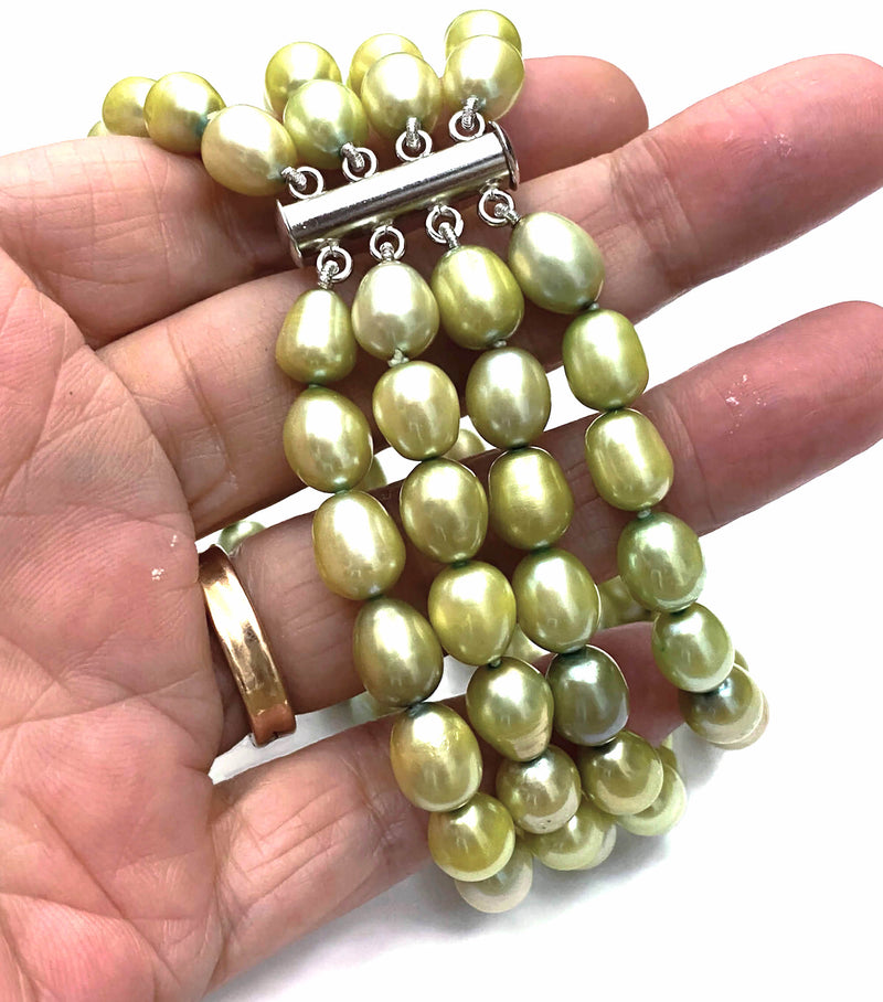 4 Strands Oval 7 x 9mm Pale Green Edison Pearls 7 - 7.5" Bracelet