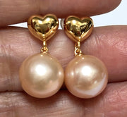 Stunning 10.5 - 11mm Peach Gold Round Edison Pearl Dangle Earrings