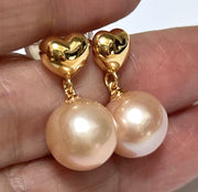 Stunning 10.5 - 11mm Peach Gold Round Edison Pearl Dangle Earrings