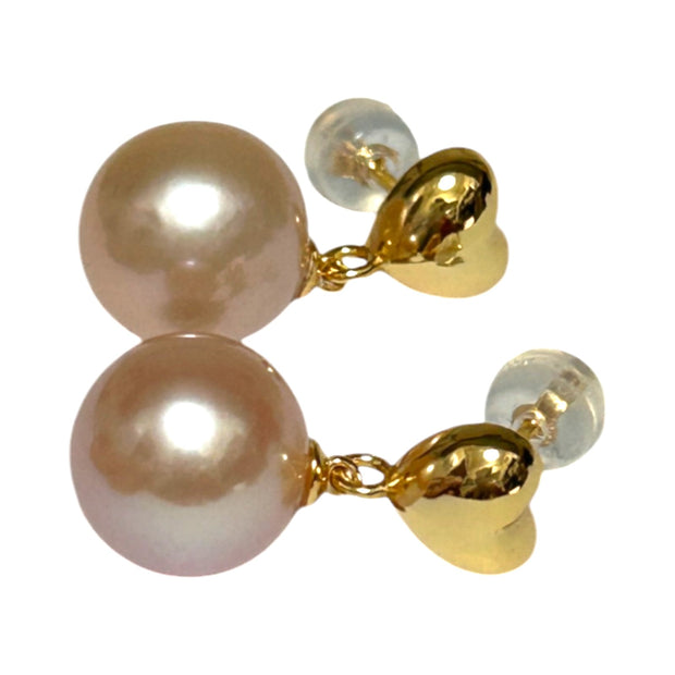 Stunning 10.5 - 11mm Peach Gold Round Edison Pearl Dangle Earrings