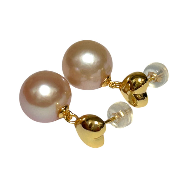 Stunning 10.5 - 11mm Peach Gold Round Edison Pearl Dangle Earrings