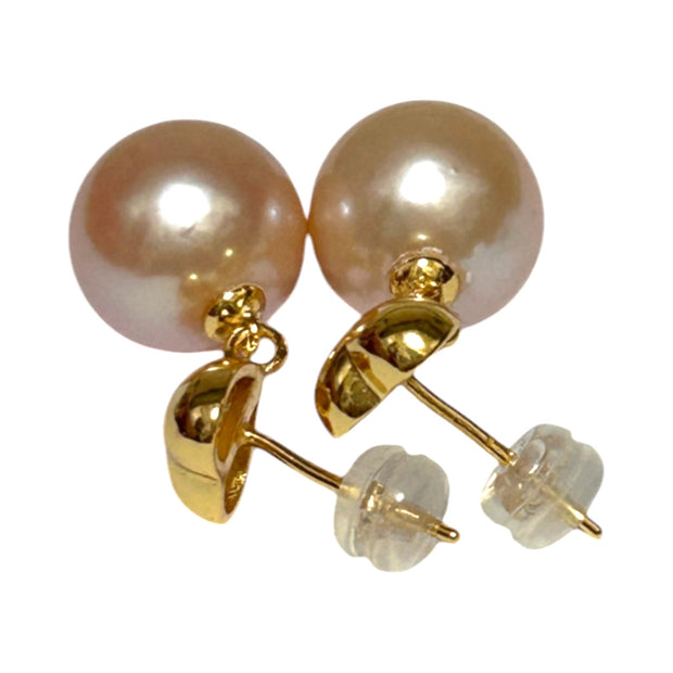 Stunning 10.5 - 11mm Peach Gold Round Edison Pearl Dangle Earrings