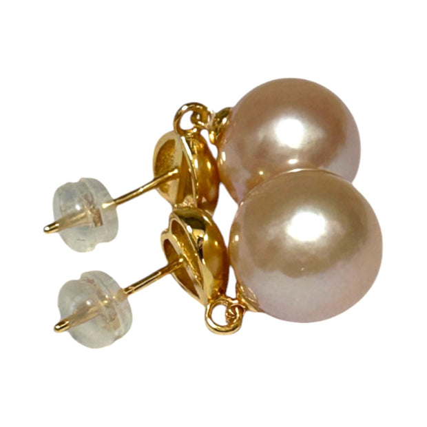 Stunning 10.5 - 11mm Peach Gold Round Edison Pearl Dangle Earrings