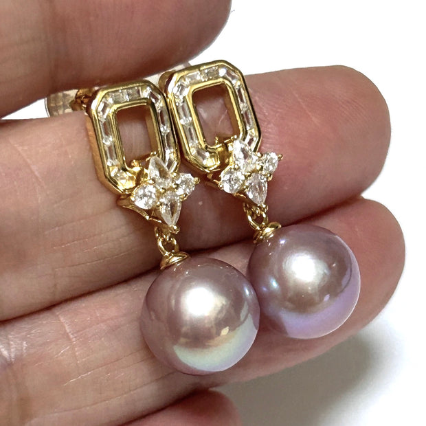 Best Gift 10 - 10.5mm Edison Lavender Purple Round Pearl Dangle Earrings