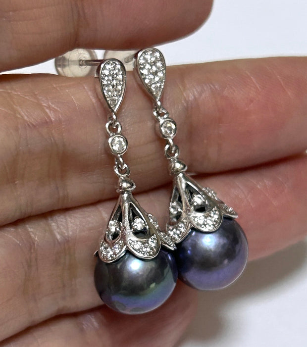 Elegant 10.5-11mm Round Edison Purple Black Cultured Pearl Earrings