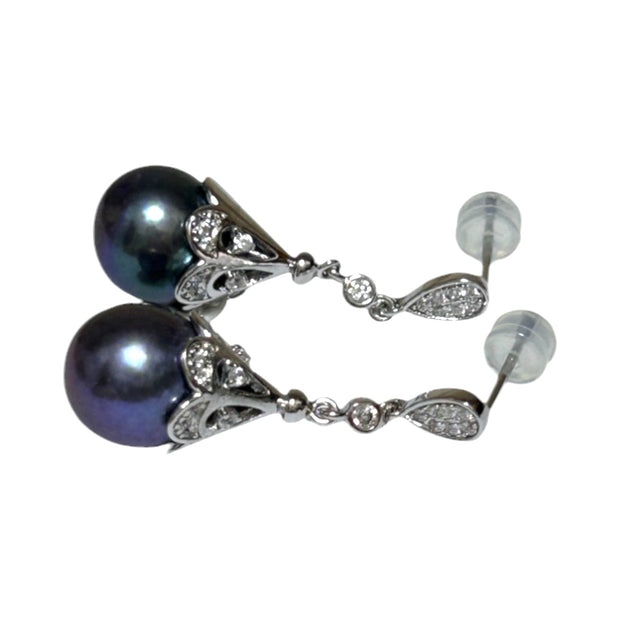 Elegant 10.5-11mm Round Edison Purple Black Cultured Pearl Earrings