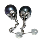 Elegant 10.5-11mm Round Edison Purple Black Cultured Pearl Earrings