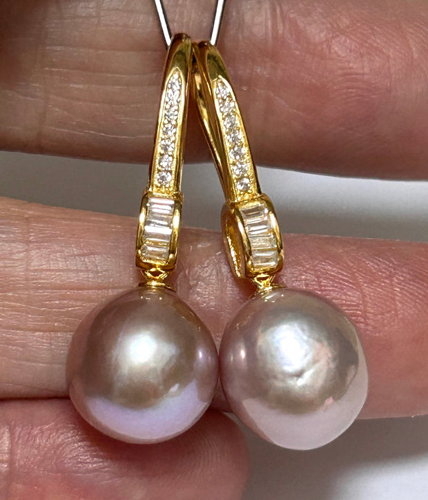 Elegant Oval Round 10.5x11mm Purple Pink Edison Cultured Pearl Dangle Earrings