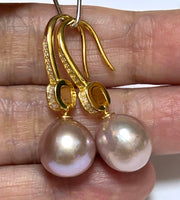 Elegant Oval Round 10.5x11mm Purple Pink Edison Cultured Pearl Dangle Earrings