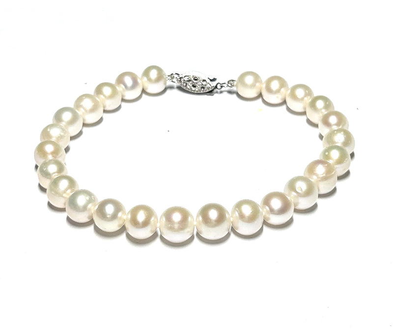 Natural White Round 7.5 - 8mm Cultured Edison Pearls 7.5 - 8" Bracelet