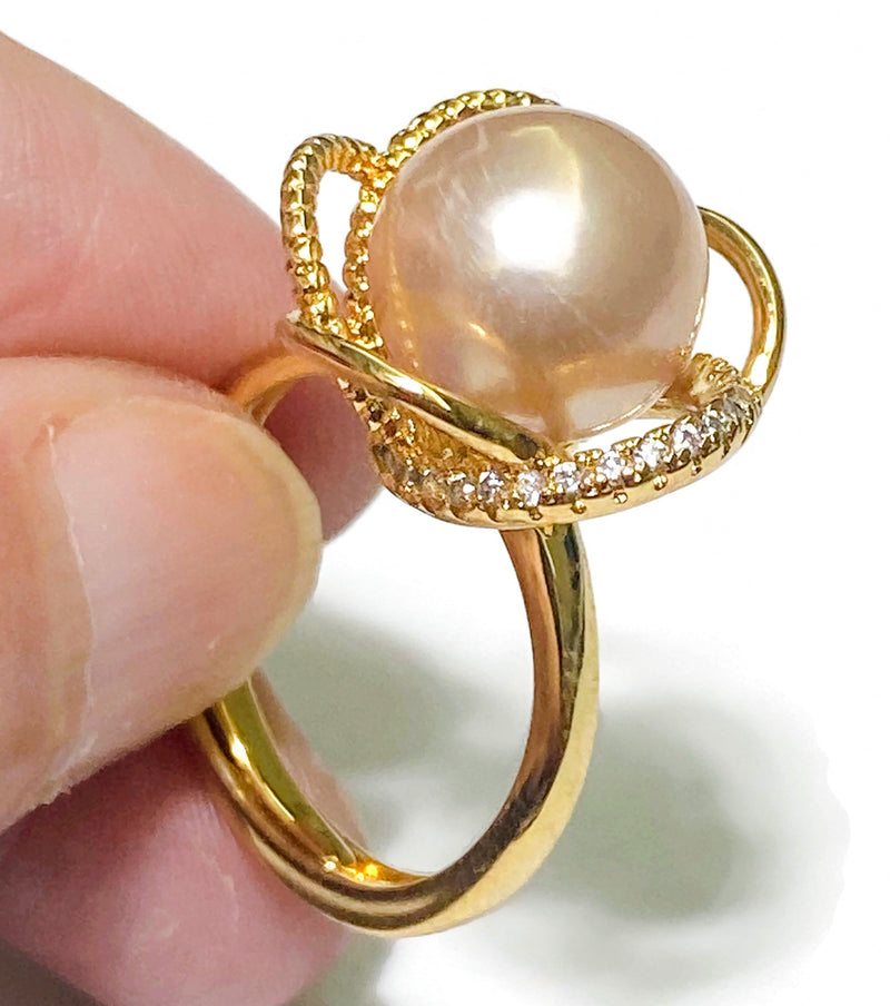9.5 - 10mm Peach Gold Pink Edison Cultured Round Pearl Ring Size 6-7