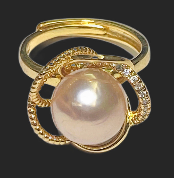 9.5 - 10mm Peach Gold Pink Edison Cultured Round Pearl Ring Size 6-7