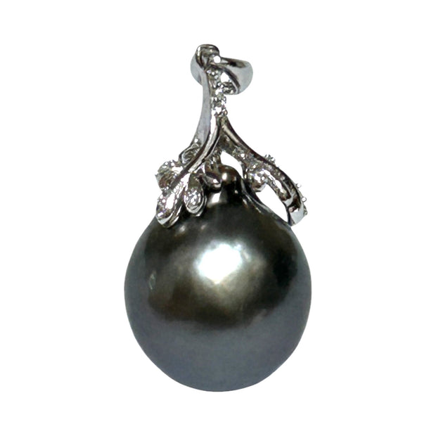 Oval 13 x 15.5mm Tahitian Sea Peacock Black Green Giant Pearl Pendant