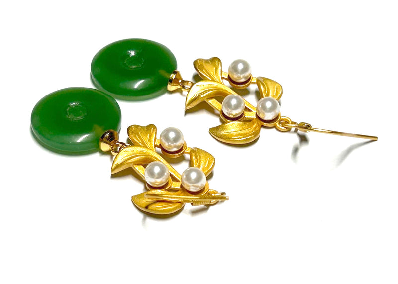 Hetian Jade Natural Green 15mm Round 4.5mm Pearl Dangle Hook Earrings