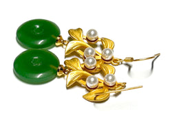 Hetian Jade Natural Green 15mm Round 4.5mm Pearl Dangle Hook Earrings