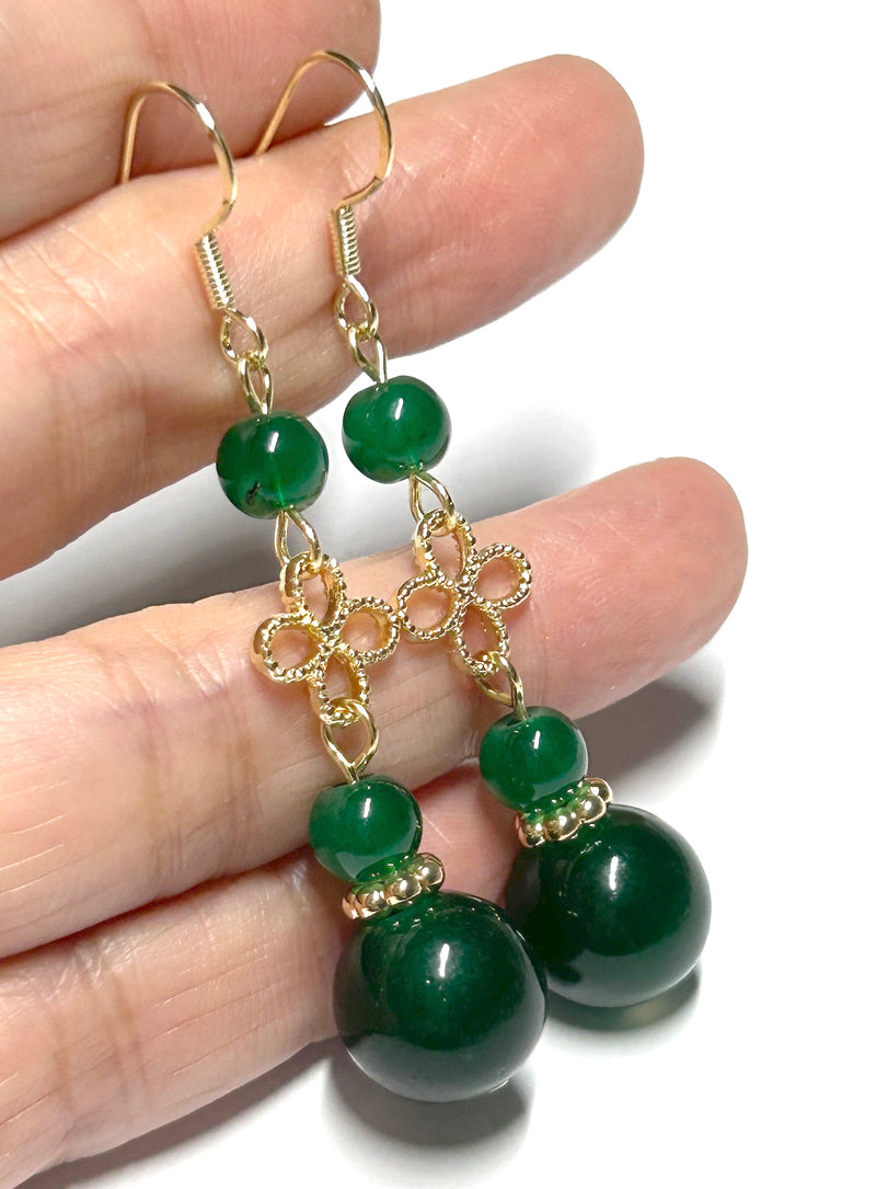 Gorgeous 6.5 and 12.3mm Green Round Burma Jade Dangle Hook Earrings