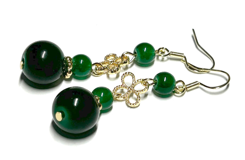 Gorgeous 6.5 and 12.3mm Green Round Burma Jade Dangle Hook Earrings