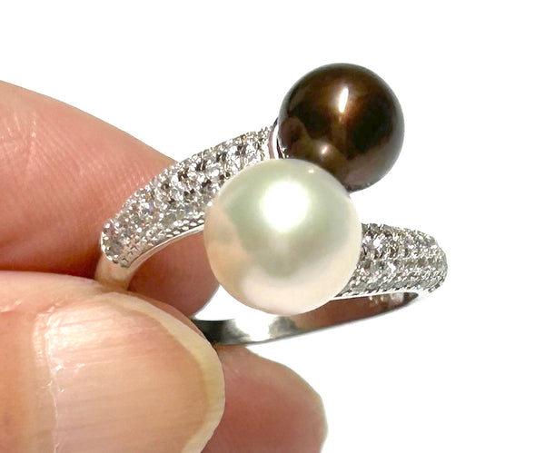 Gorgeous 6.5 - 10mm Edison White Brown Round Double Pearls Ring Size 6