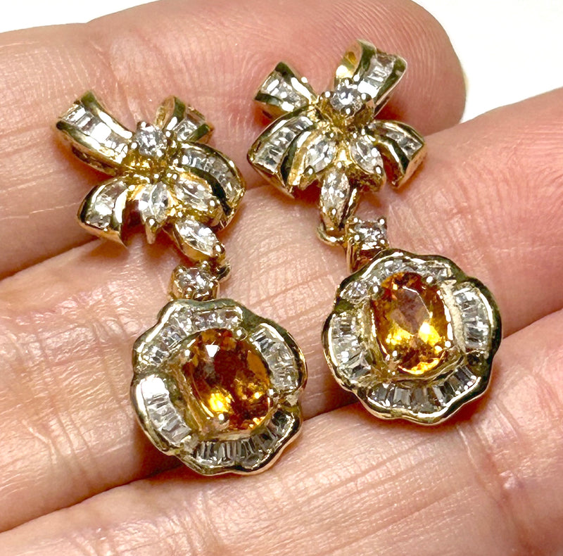 Natural 0.84 Carats 4 x 6mm Citrine Silver Yellow Gold Dangle Earrings