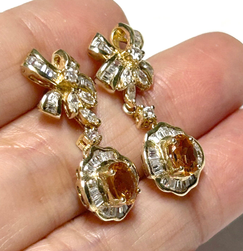 Natural 0.84 Carats 4 x 6mm Citrine Silver Yellow Gold Dangle Earrings