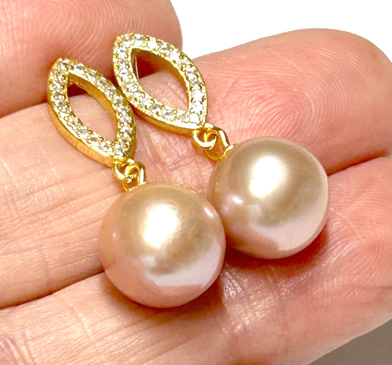 Natural Purple Pink Round 10mm Edison 5A Quality Pearl Dangle Earrings