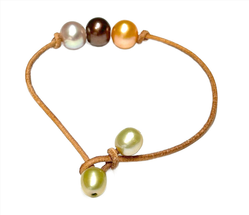 Genuine 5 pcs. Multicolor Oval Round Freshwater Pearl Leather Bracelet