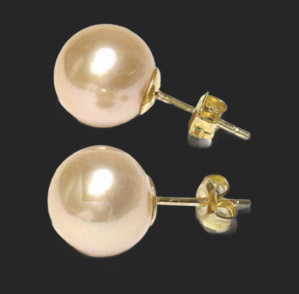 Stunning 10.5mm Peach Gold Pink Edison Cultured Pearl Stud Earrings